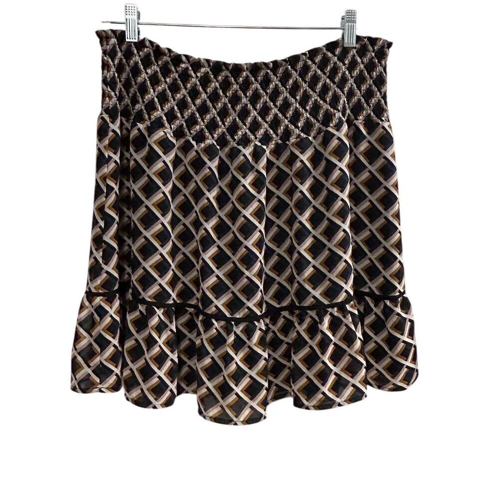 DR2 Women's XL Black Gold Geometric A-Line Short Skirt Ruffled Hem Casual